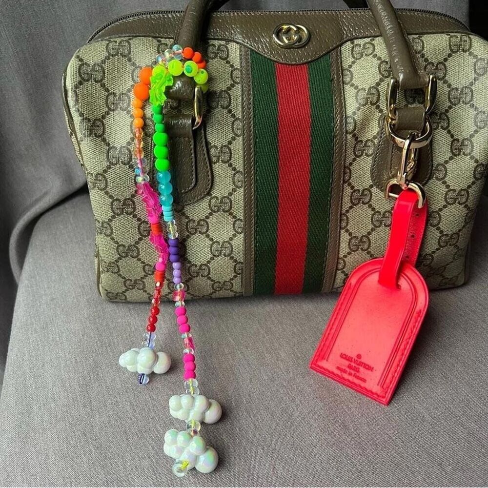 Louis Vuitton Red Bag Charm Name Luggage Tag Rainbow Lasso Tie Clouds Chain OAK